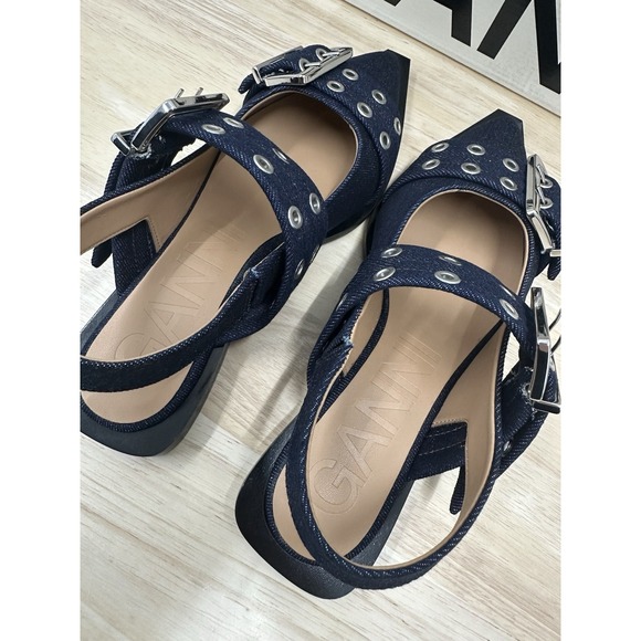 Ganni Size 39 Double-Buckled Blue Denim Ballerina Shoes Flats - NEW - Picture 5 of 11